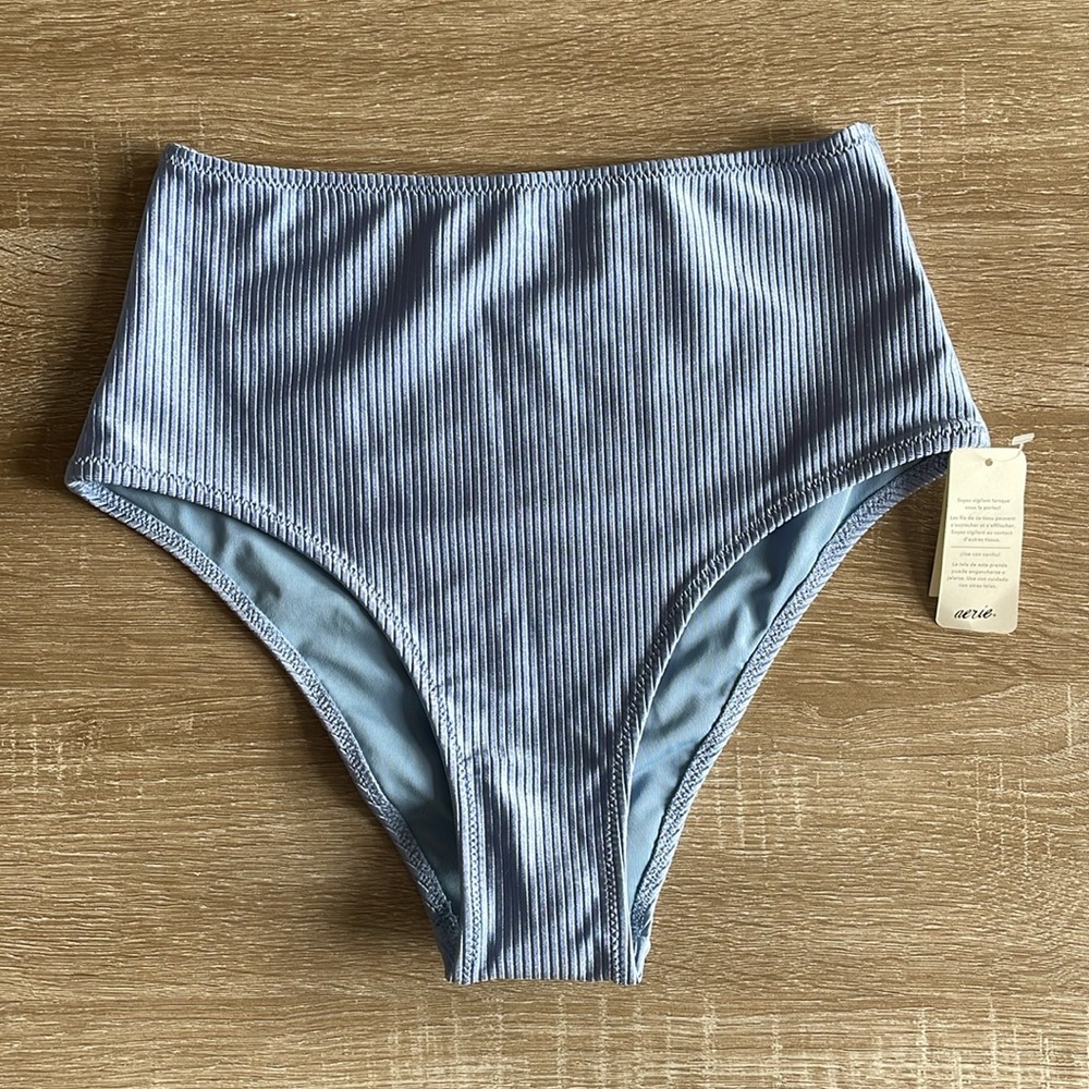 Aerie NWT Shine Rib High Waisted Cheeky Bikini Bottom In Light Blue; Size XS - Picture 5 of 7